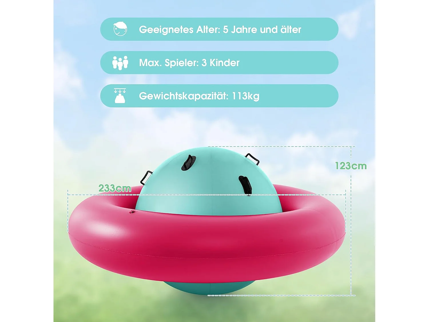 Opblaasbare koepelwip voor kinderen,223 cm grote kinderwip om te rollen,met 6 geïntegreerde handgrepen, outdoorwip voor kinderen vanaf 5 jaar (roze + groen)ZB32102