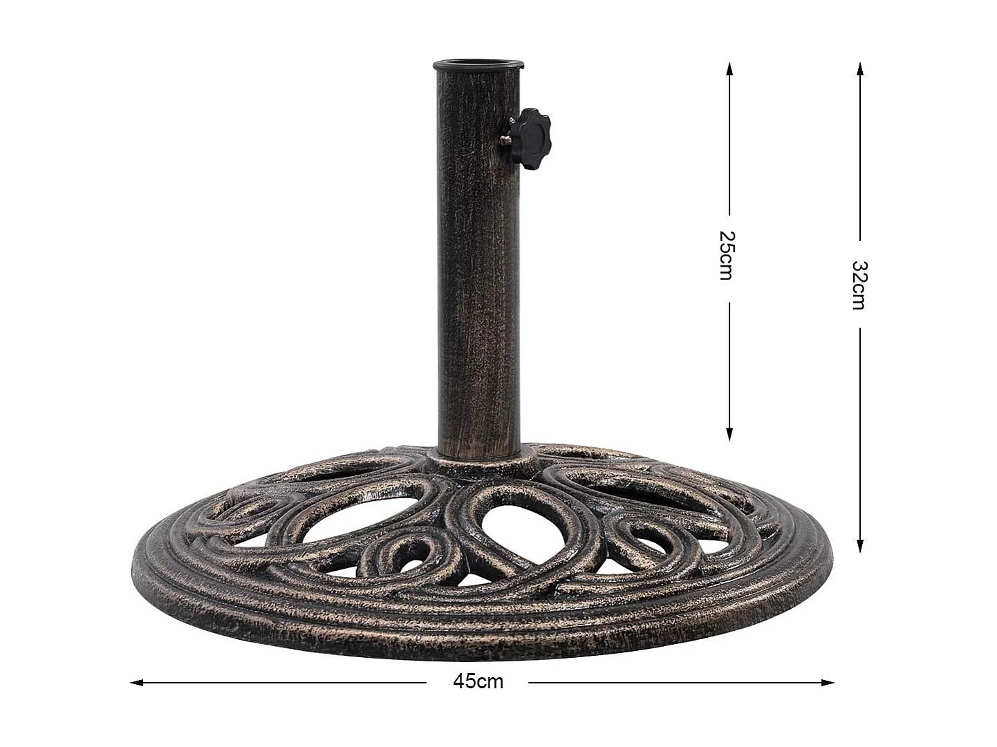 Parasolstandaard, ronde parasolstandaard voor parasolstangen van 38/48 mm, Ø 45 cm, marktparaplustandaard van gietijzer, parasolvoet voor tuin, balkon, brons