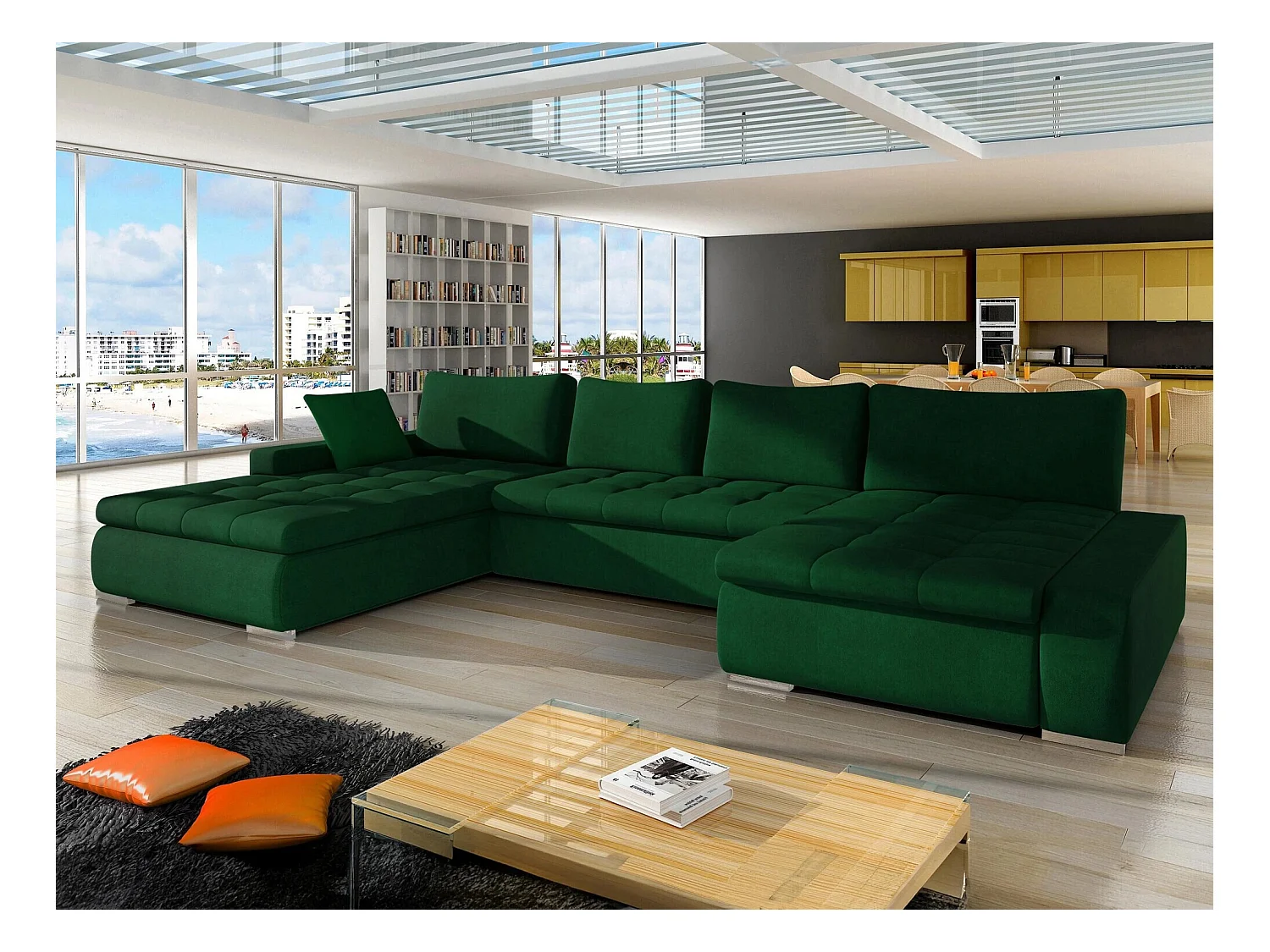 Canapé d'angle Comfivo 106, Vert, Fonction de couchage, Boîte de literie, 394x213x80cm