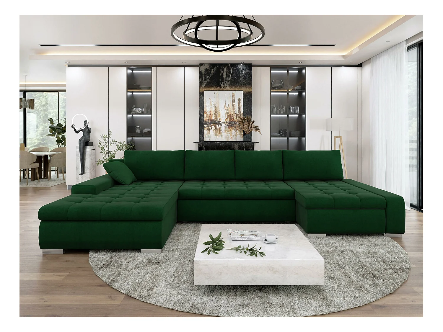 Canapé d'angle Comfivo 106, Vert, Fonction de couchage, Boîte de literie, 394x213x80cm