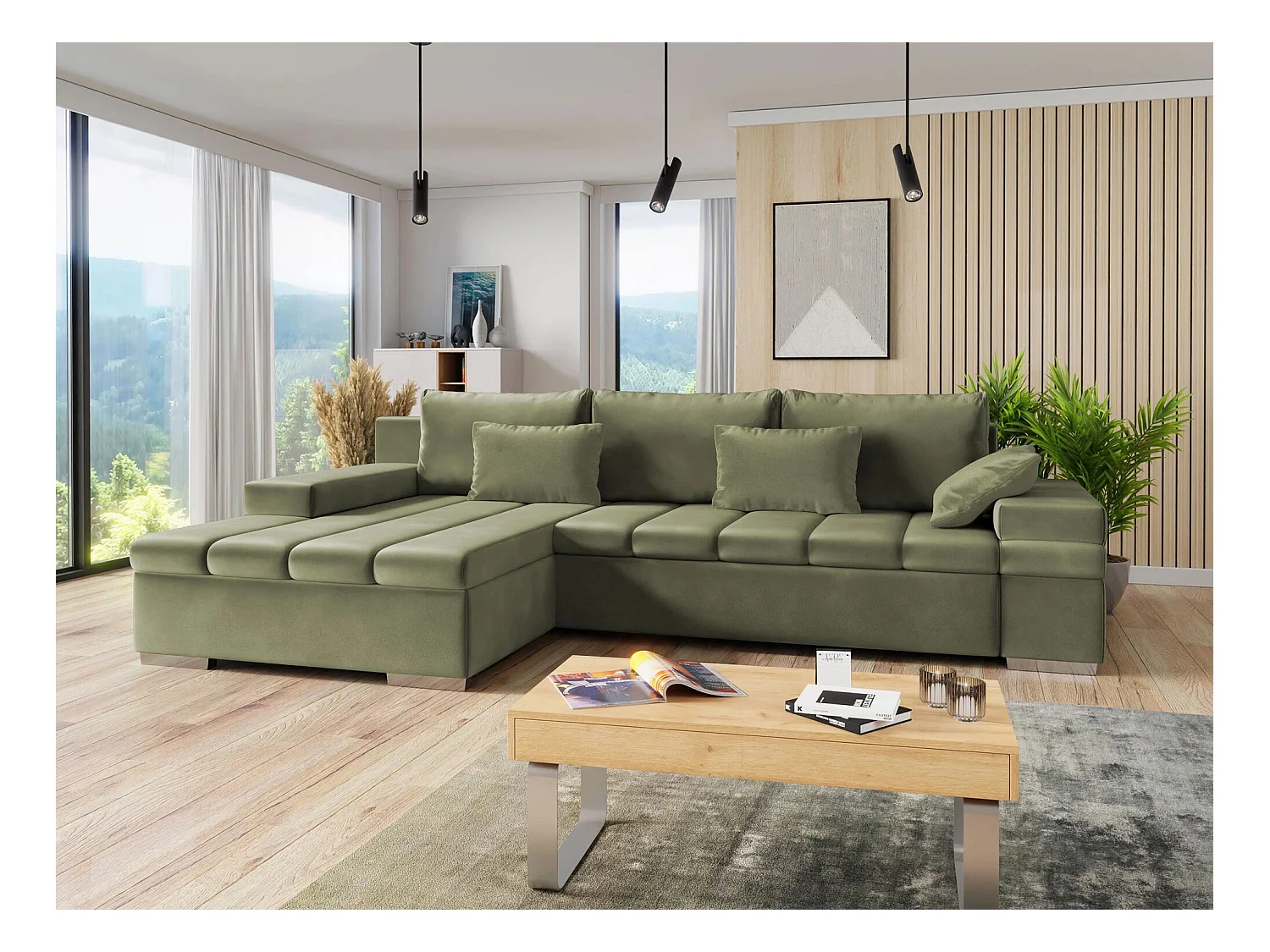 Sofá rinconero Comfivo 113, Turquesa, Función de descanso, Almacenaje, 310x175x83cm