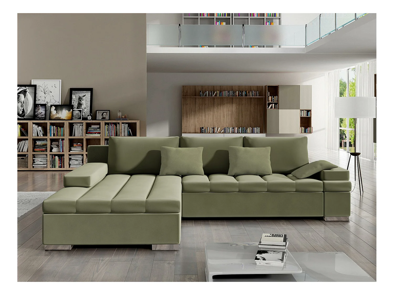 Sofá rinconero Comfivo 113, Turquesa, Función de descanso, Almacenaje, 310x175x83cm