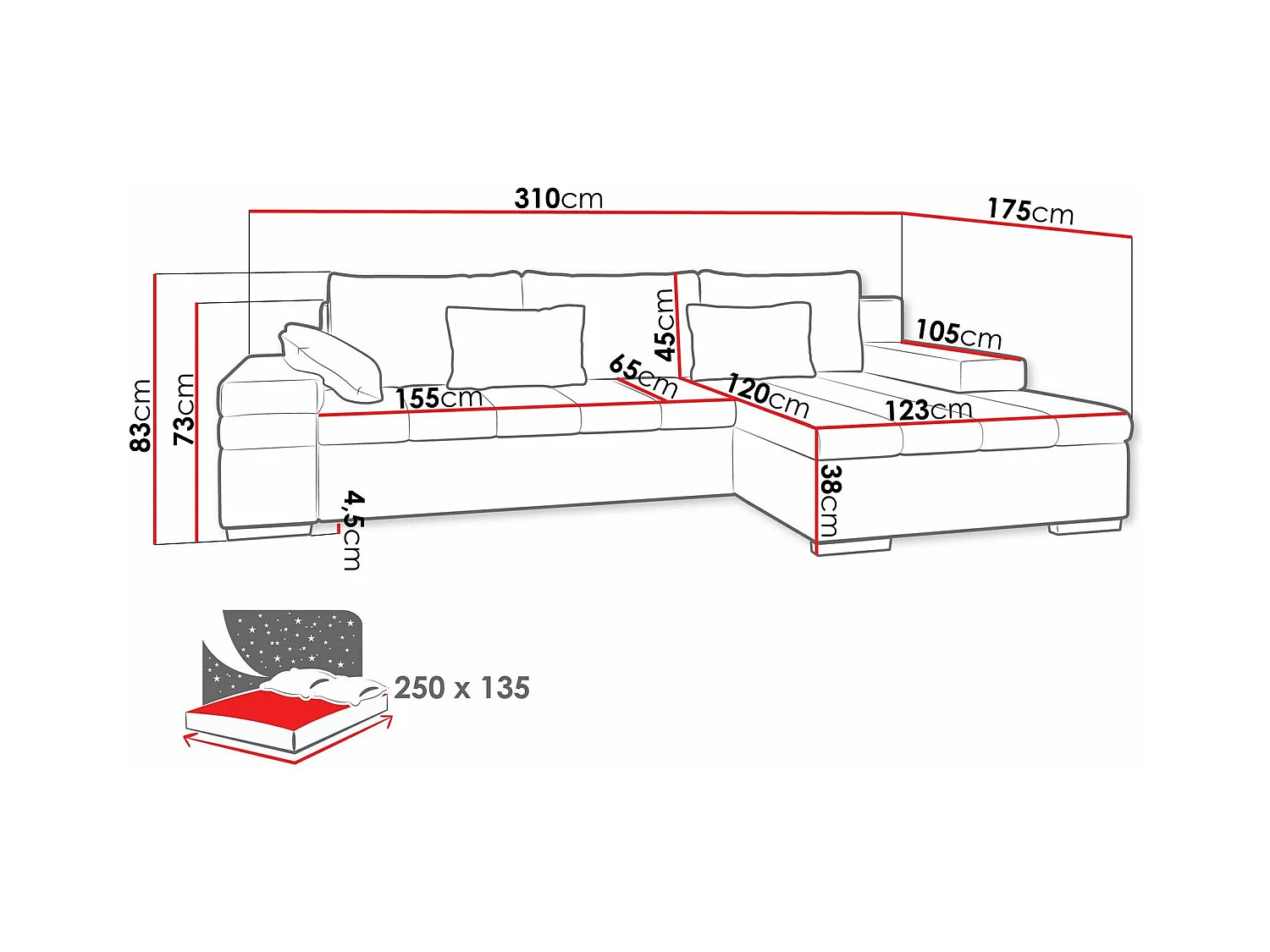 Sofá rinconero Comfivo 113, Turquesa, Función de descanso, Almacenaje, 310x175x83cm