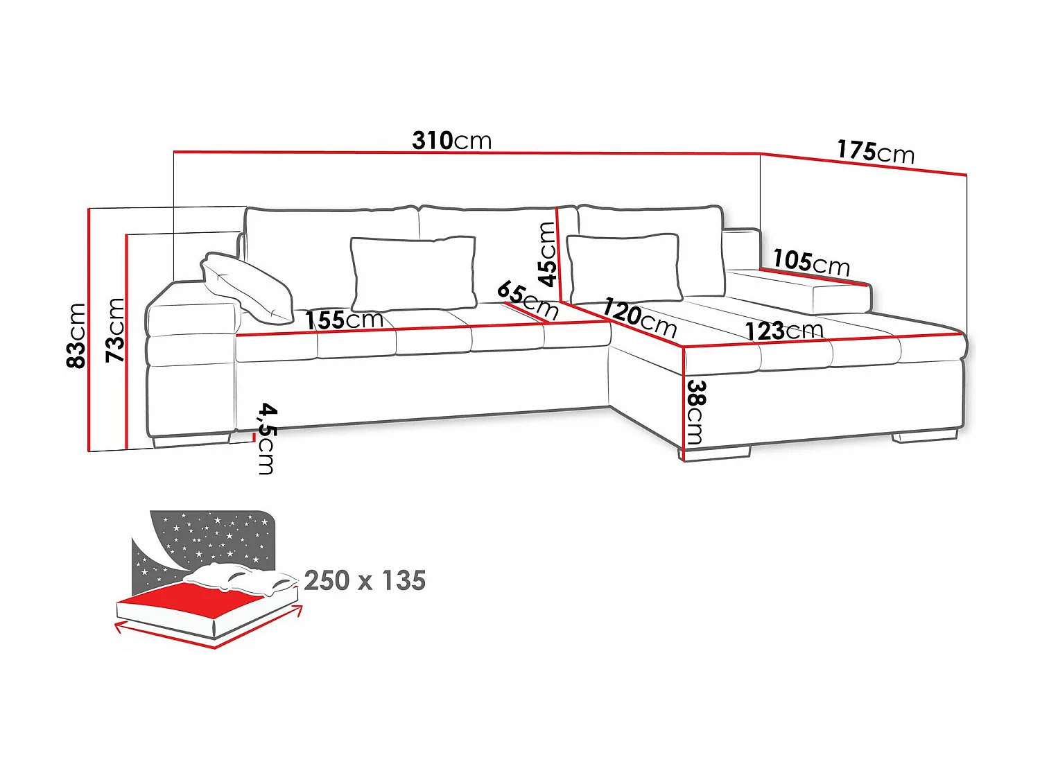 Sofá rinconero Comfivo 113, Turquesa, Función de descanso, Almacenaje, 310x175x83cm