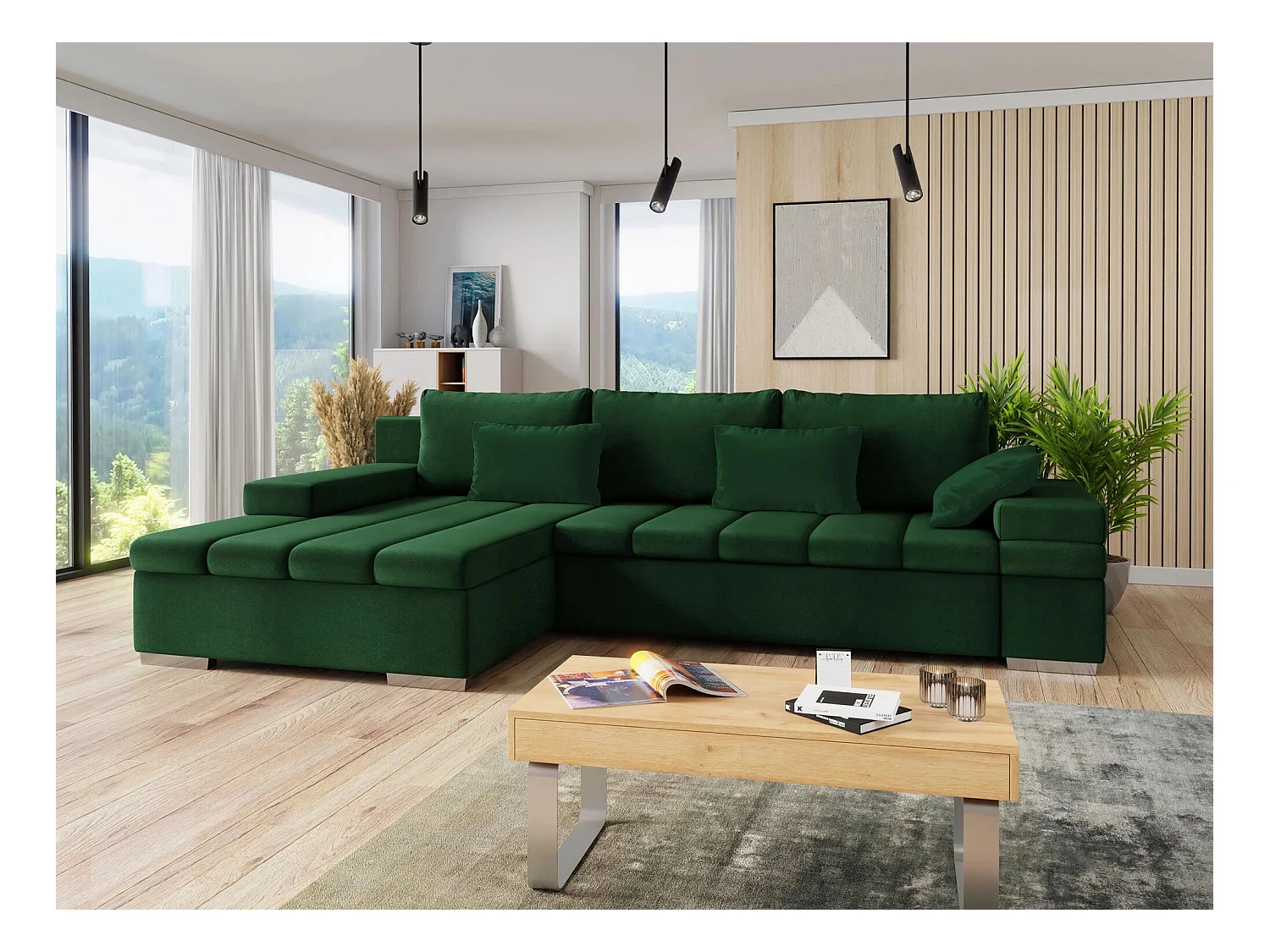 Canapé d'angle Comfivo 113, Vert, Fonction de couchage, Boîte de literie, 310x175x83cm