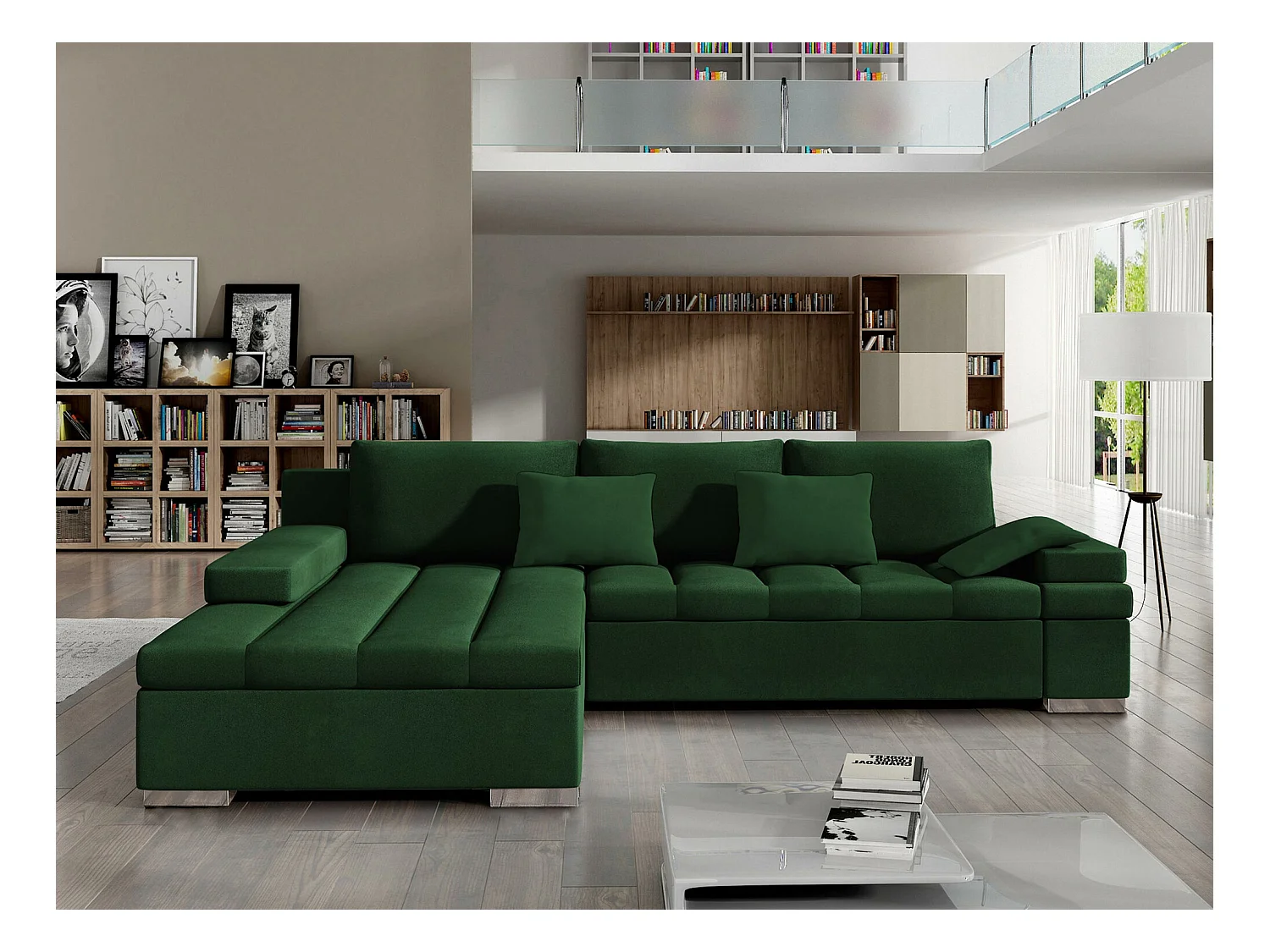 Canapé d'angle Comfivo 113, Vert, Fonction de couchage, Boîte de literie, 310x175x83cm