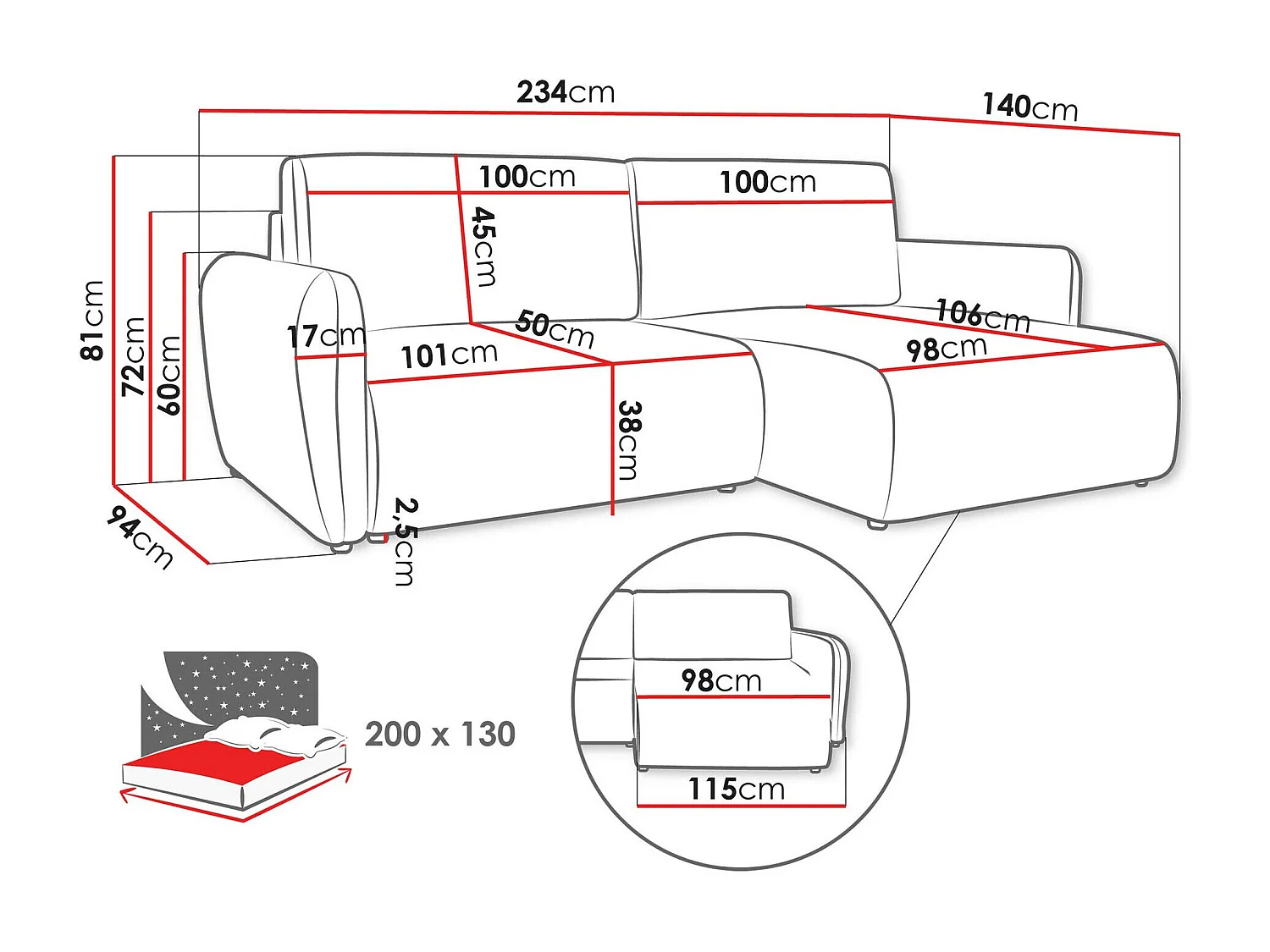 Sofá rinconero Temple 131, Gris, Función de descanso, Almacenaje, 234x140x81cm
