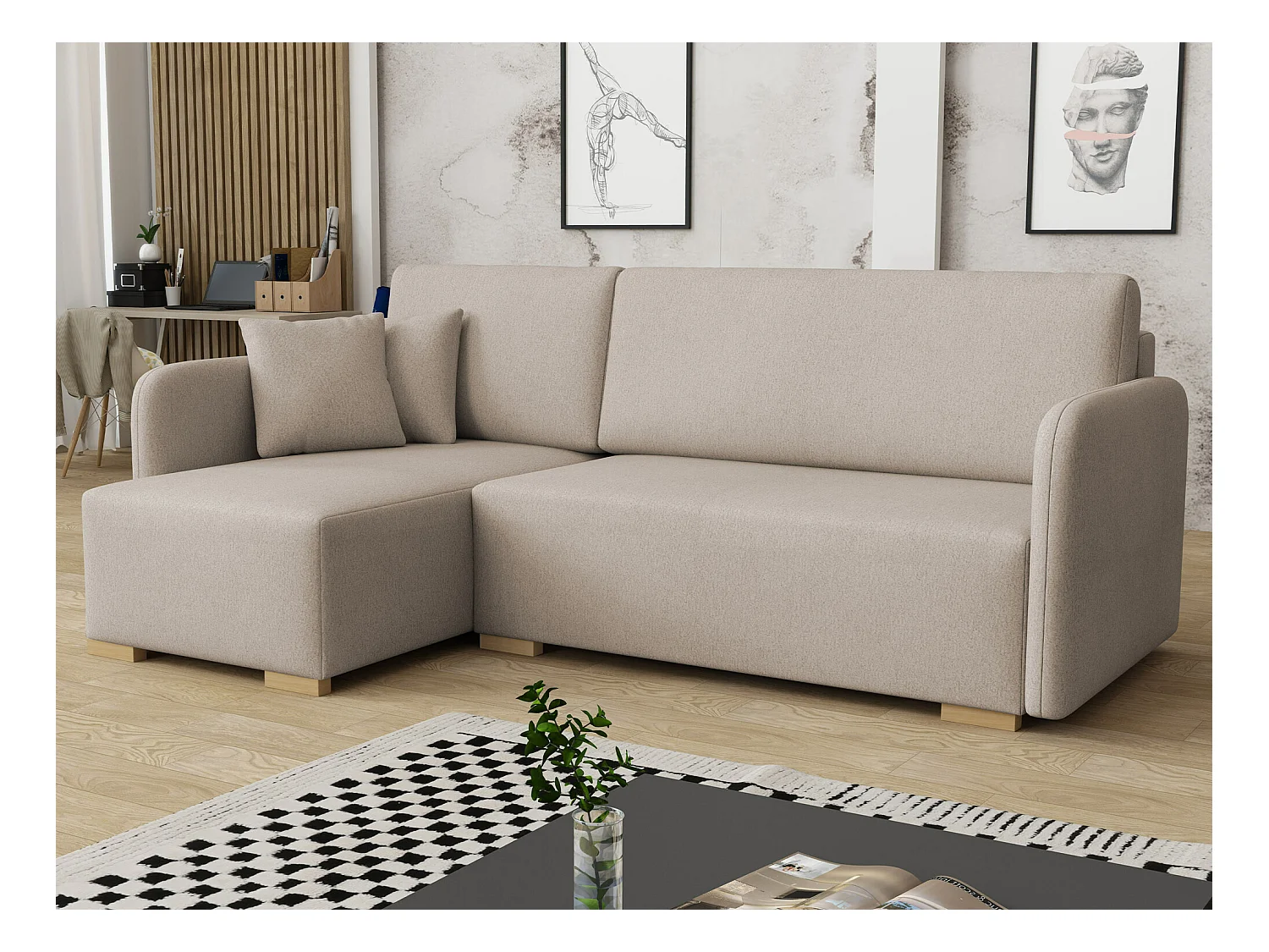 Canapé d'angle Columbus 245, Brun clair, Fonction de couchage, Boîte de literie, 220x85cm