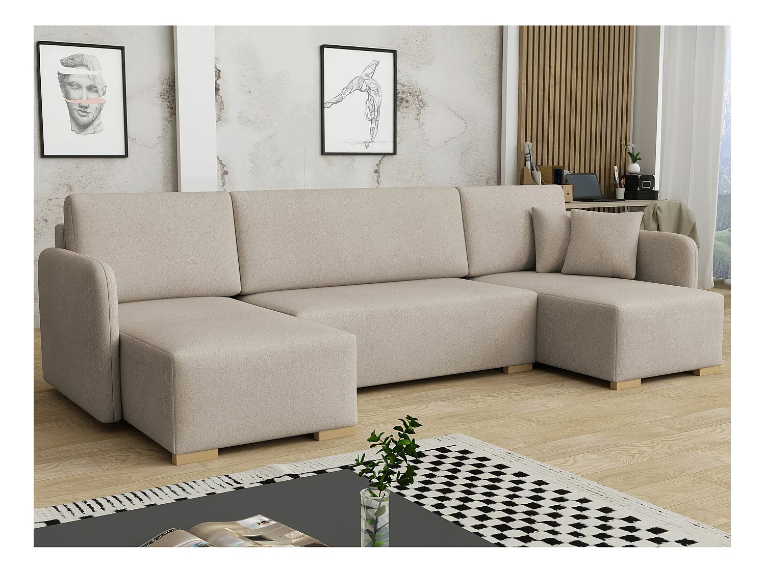 Canapé d'angle Columbus 246, Brun clair, Fonction de couchage, Boîte de literie, 292x85cm