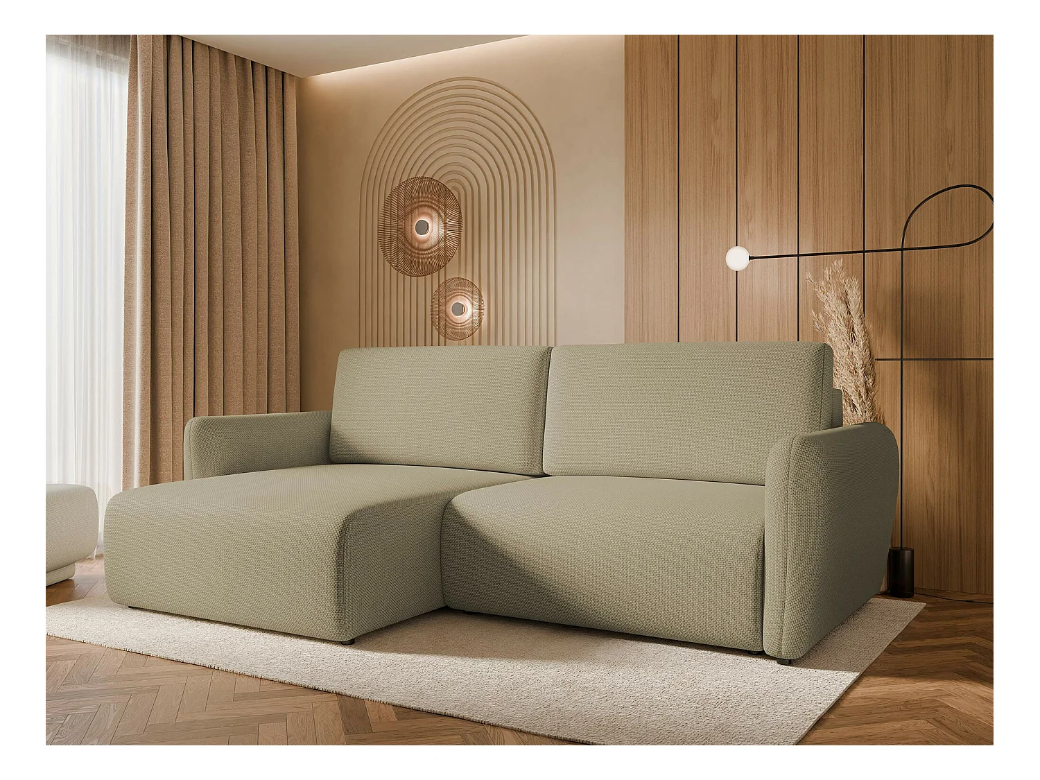 Canapé d'angle Temple 131, Brun clair, Fonction de couchage, Boîte de literie, 234x140cm