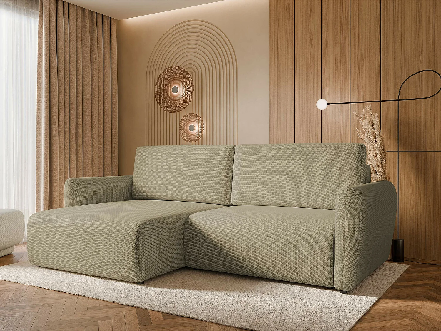 Sofá rinconero Temple 131, De color marrón claro, Función de descanso, Almacenaje, 234cm