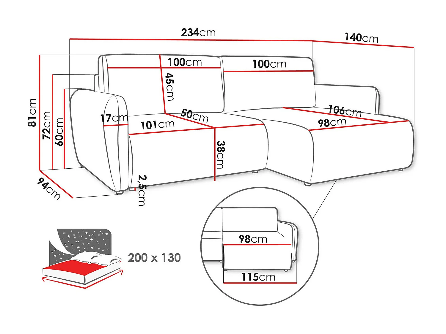 Sofá rinconero Temple 131, De color marrón claro, Función de descanso, Almacenaje, 234cm
