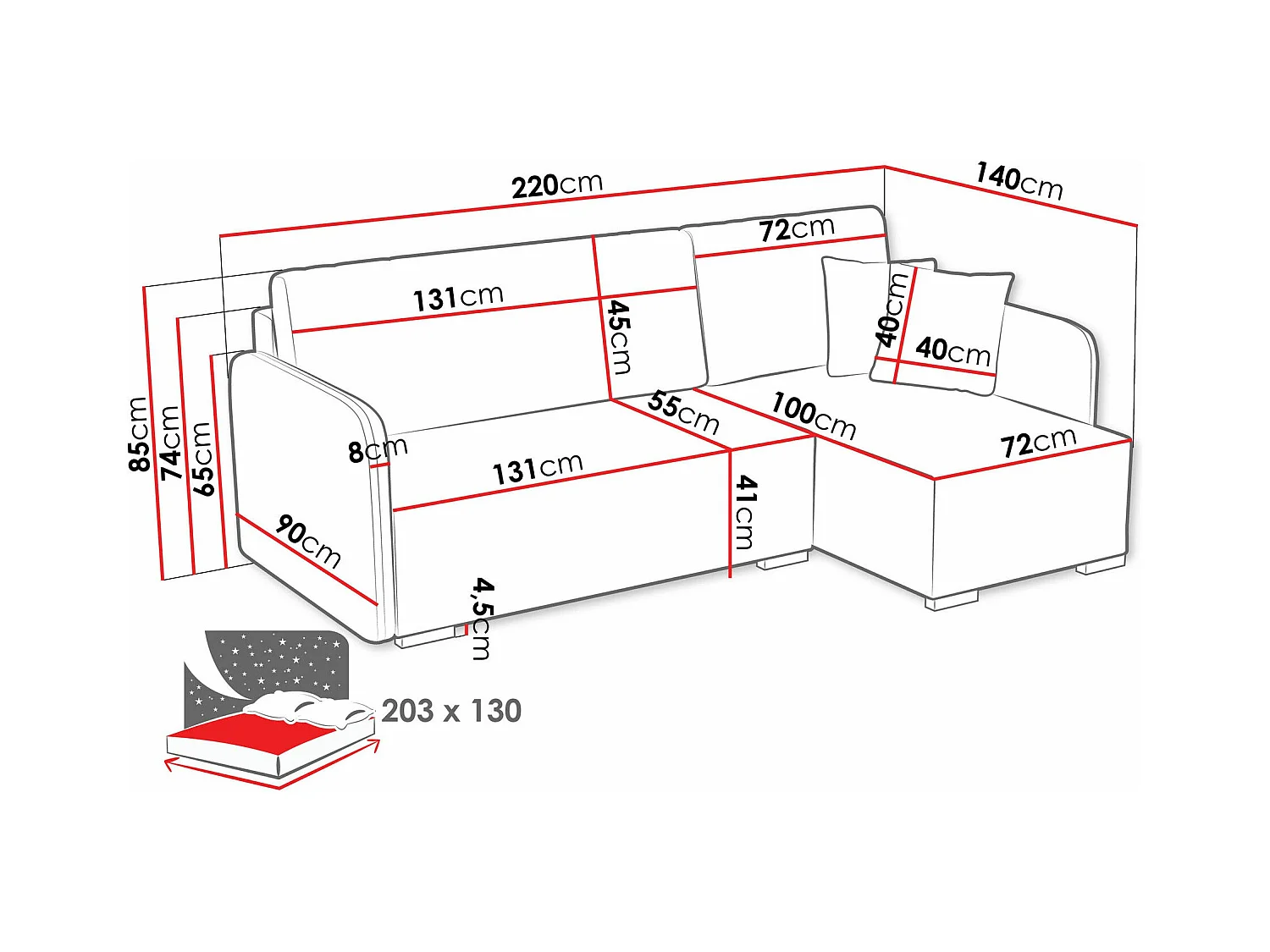 Sofá rinconero Columbus 245, Gris, Función de descanso, Almacenaje, 220x140x85cm