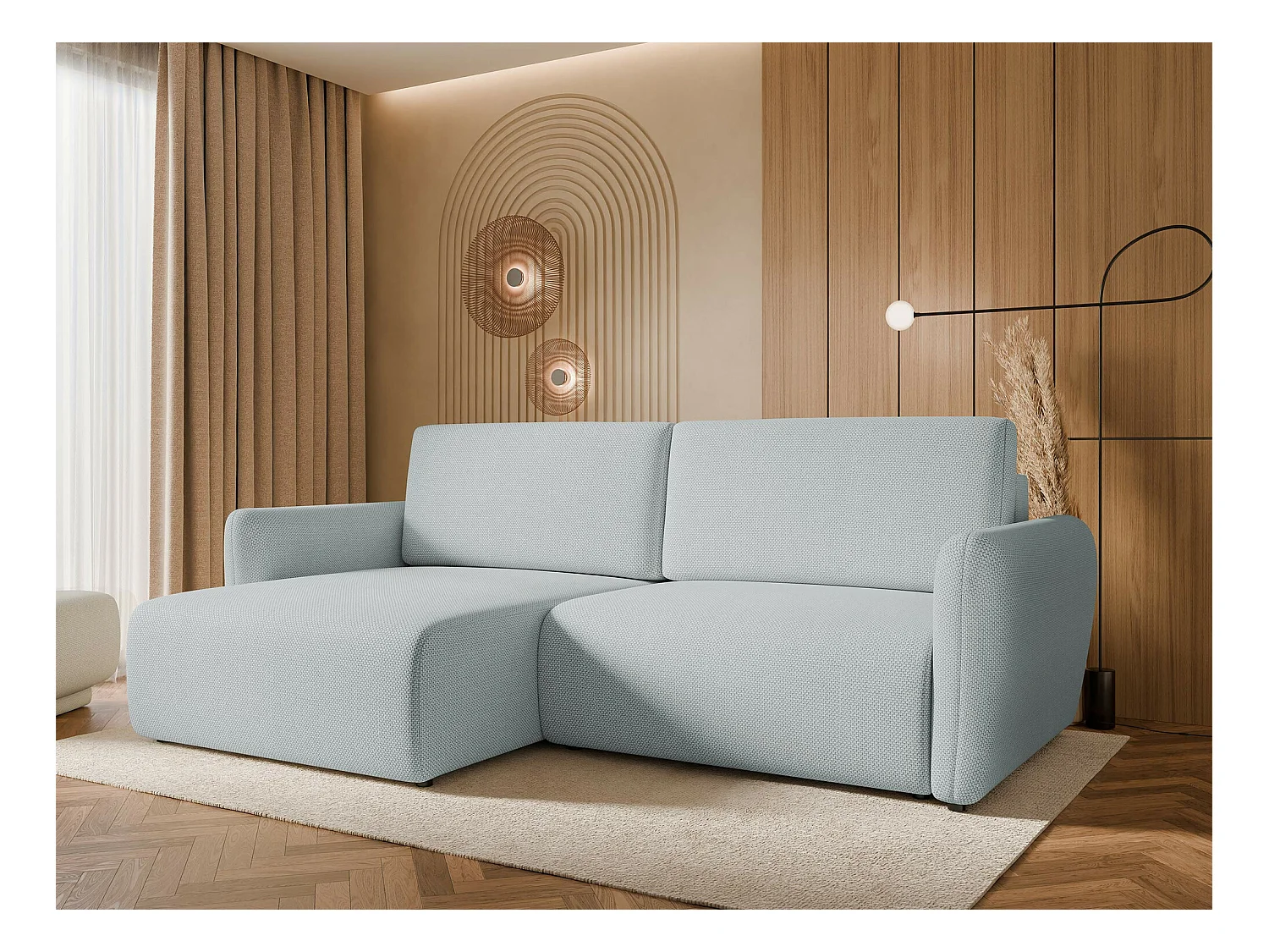 Canapé d'angle Temple 131, Bleu, Fonction de couchage, Boîte de literie, 234x140x81cm