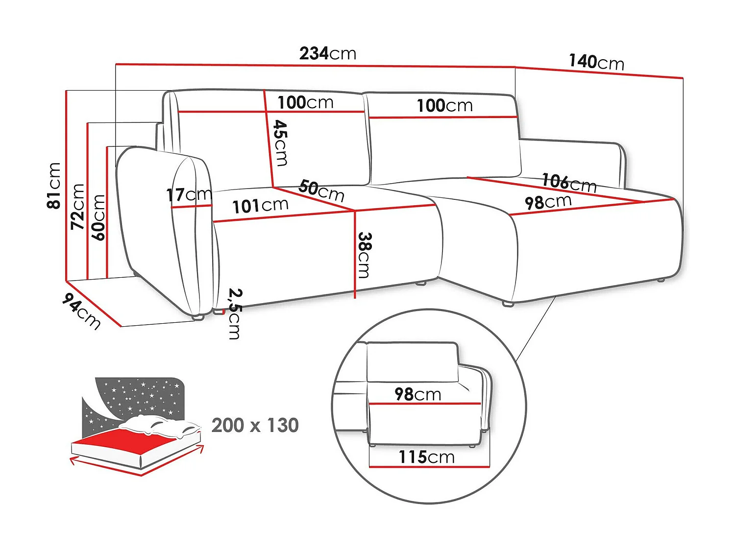 Canapé d'angle Temple 131, Bleu, Disponible, 234x140x81cm