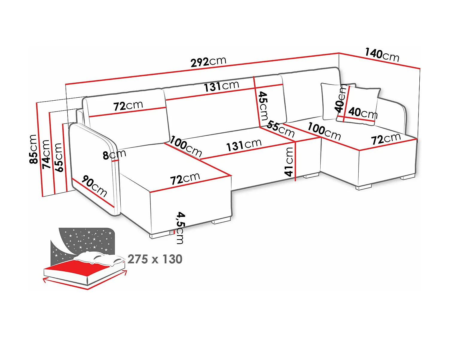 Sofá rinconero Columbus 246, Gris, Función de descanso, Almacenaje, 292x140x85cm