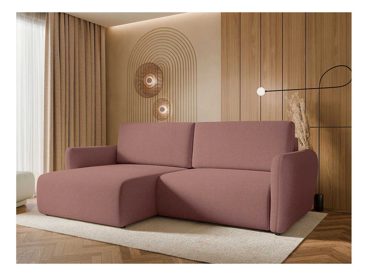 Canapé d'angle Temple 131, Rose, Fonction de couchage, Boîte de literie, 234x140x81cm
