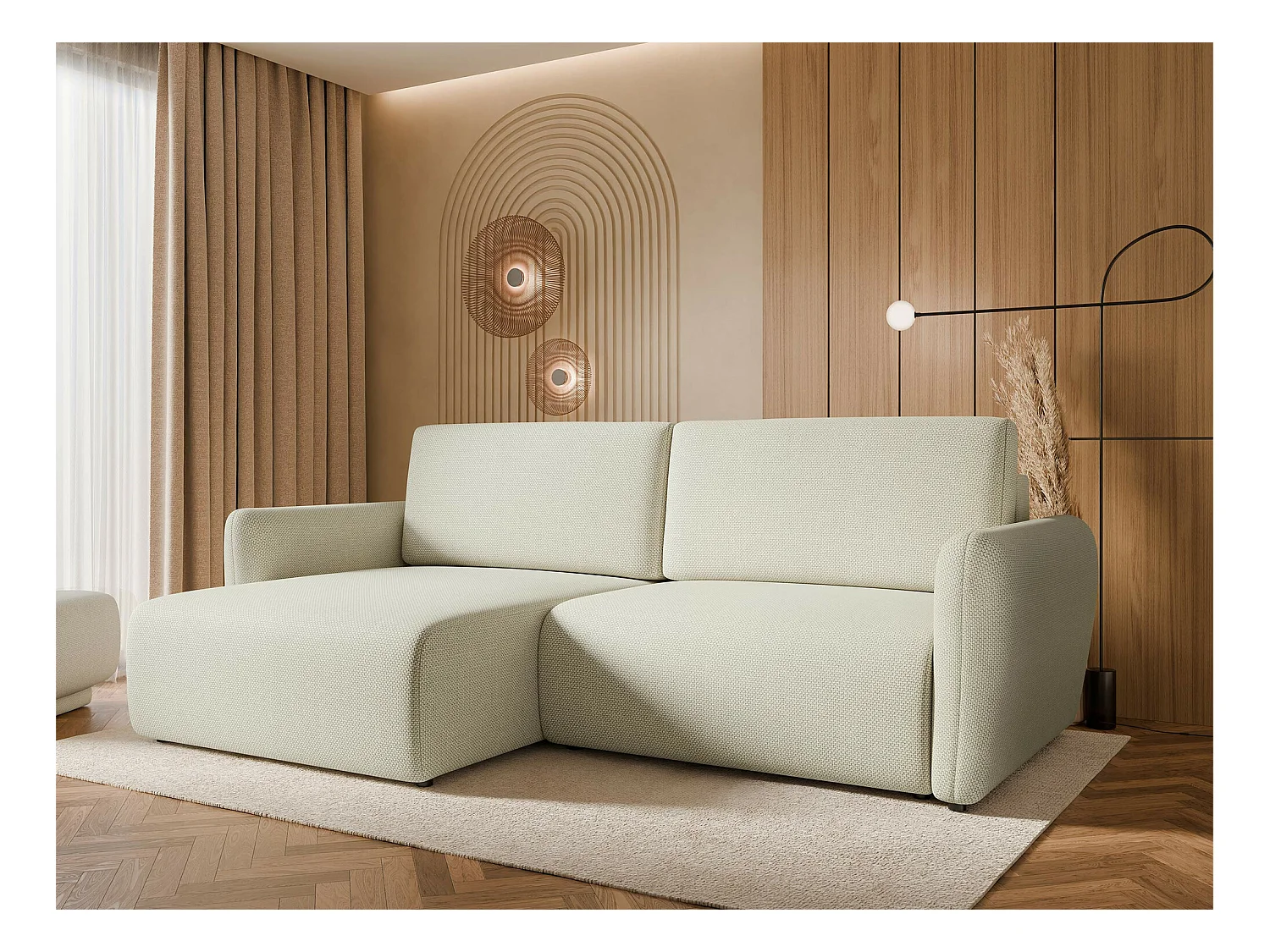 Canapé d'angle Temple 131, Brun clair, Fonction de couchage, Boîte de literie, 234x140cm