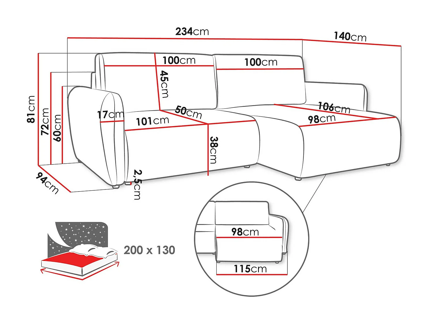 Sofá rinconero Temple 131, De color marrón claro, Función de descanso, Almacenaje, 234cm