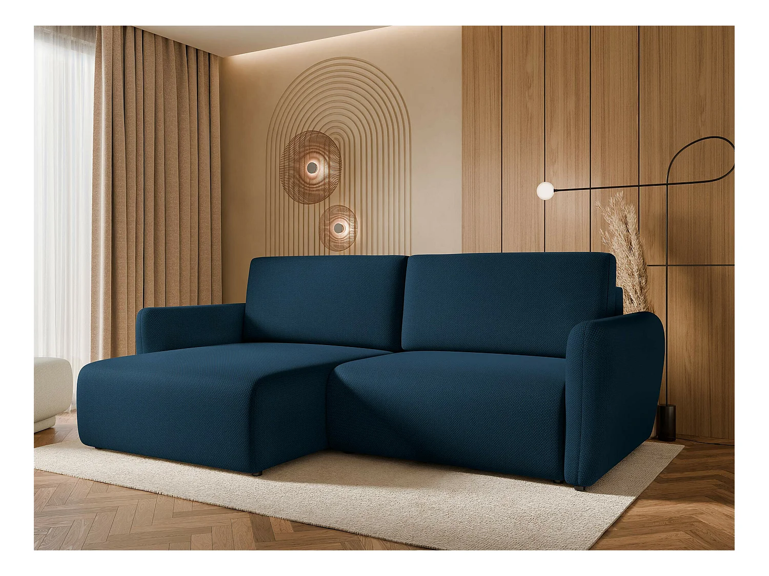 Canapé d'angle Temple 131, Bleu, Fonction de couchage, Boîte de literie, 234x140x81cm