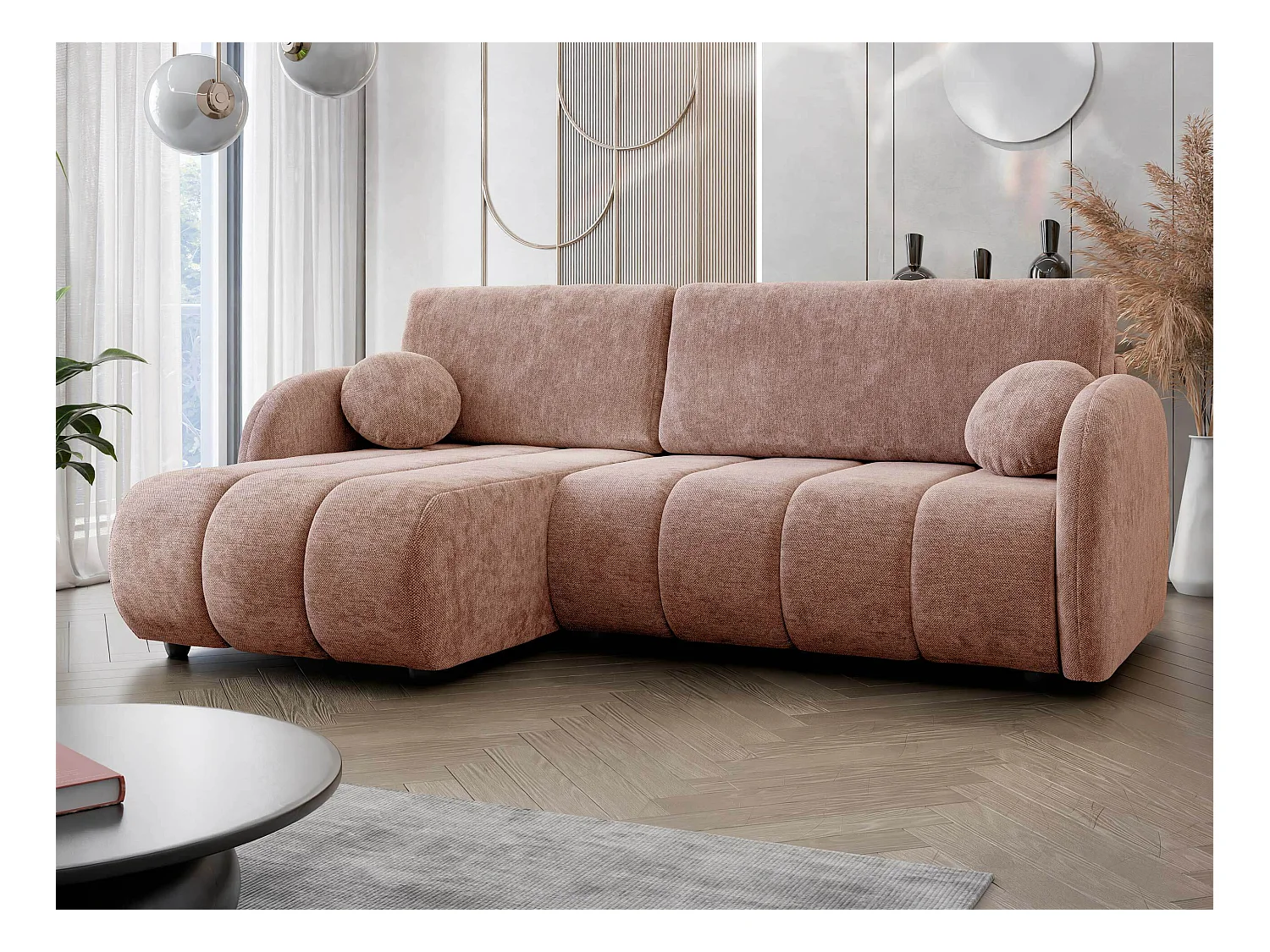 Sofá rinconero Columbus 247, Rosa, Función de descanso, Almacenaje, 233x160x88cm