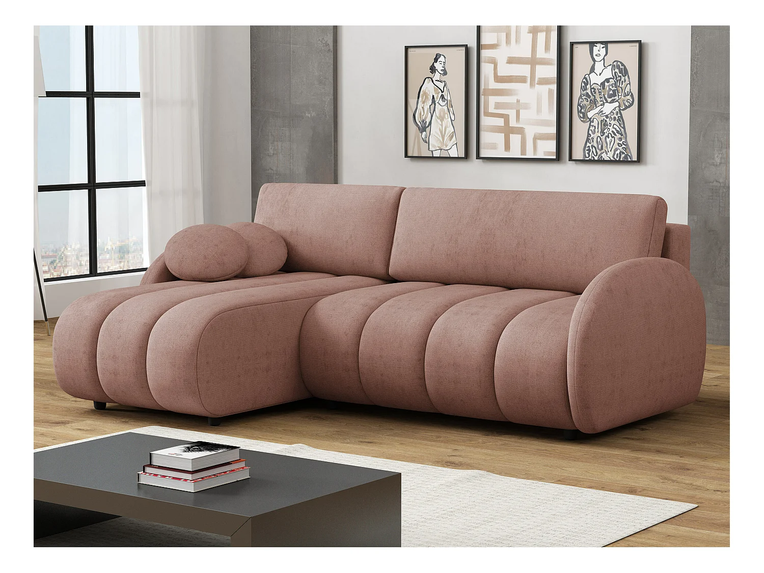 Sofá rinconero Columbus 247, Rosa, Función de descanso, Almacenaje, 233x160x88cm