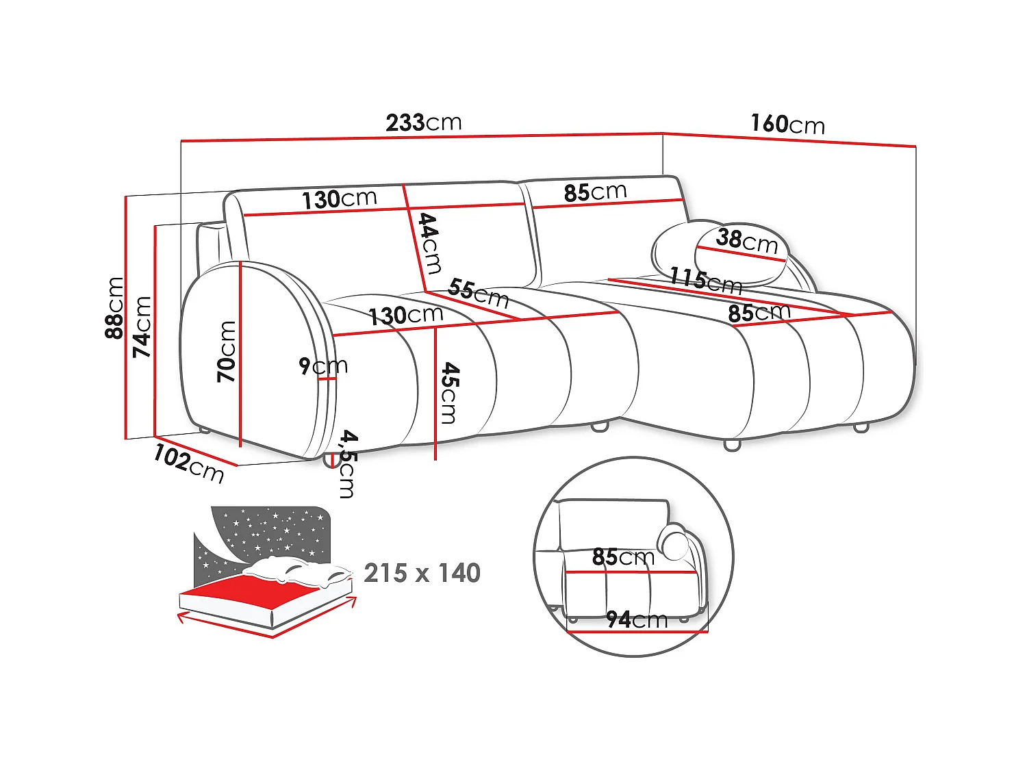 Sofá rinconero Columbus 247, Rosa, Función de descanso, Almacenaje, 233x160x88cm