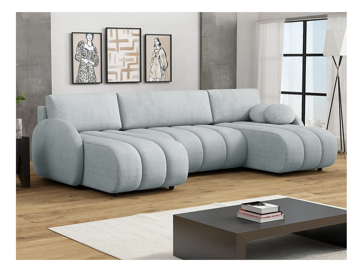 Canapé d'angle Columbus 248, Bleu, Fonction de couchage, Boîte de literie, 318x160x88cm