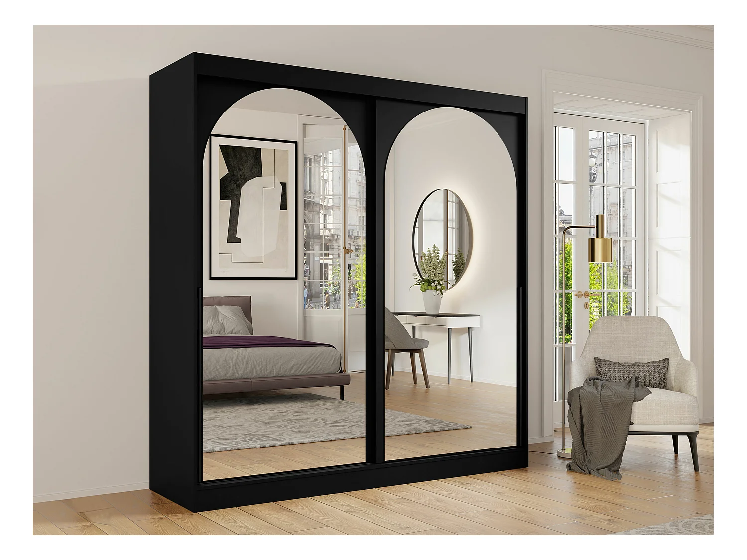 Armario Toledo 133, Negro, 216x200x65cm, Puertas de armario: Correderas