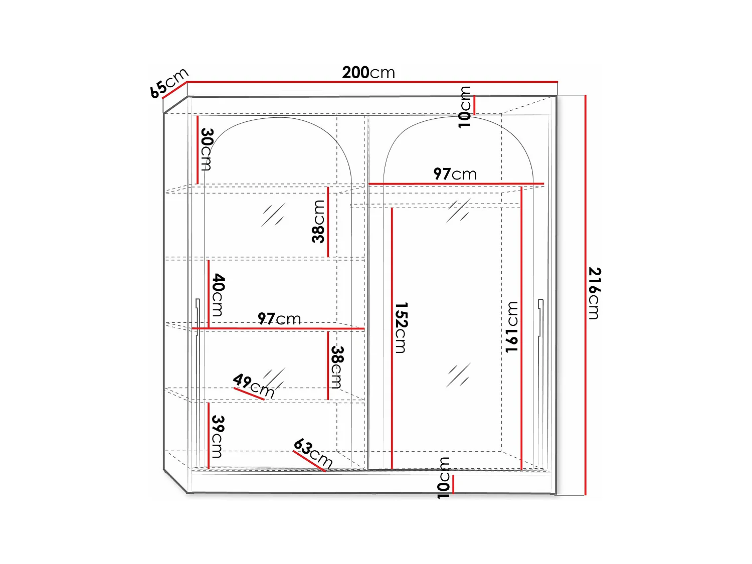 Armario Toledo 133, Negro, 216x200x65cm, Puertas de armario: Correderas