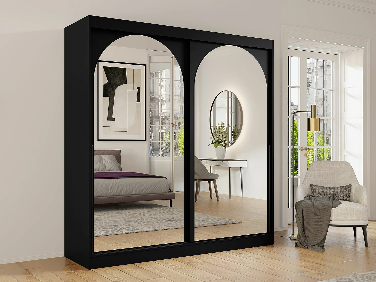 Armario Toledo 133, Negro, 216x200x65cm, Puertas de armario: Correderas