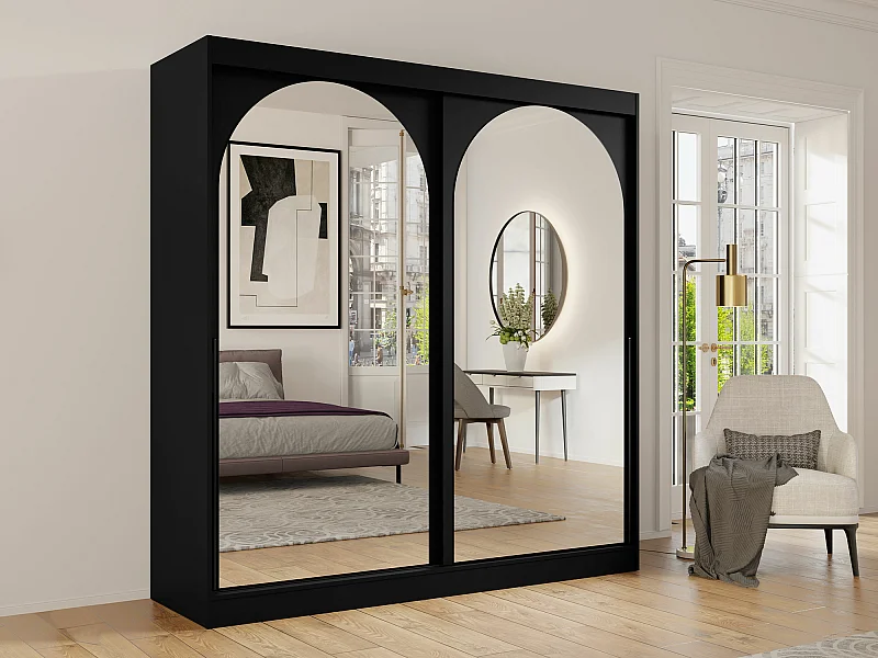 Armoire Toledo 133, Noir, 216x200x65cm, Portes d'armoire: Coulissantes