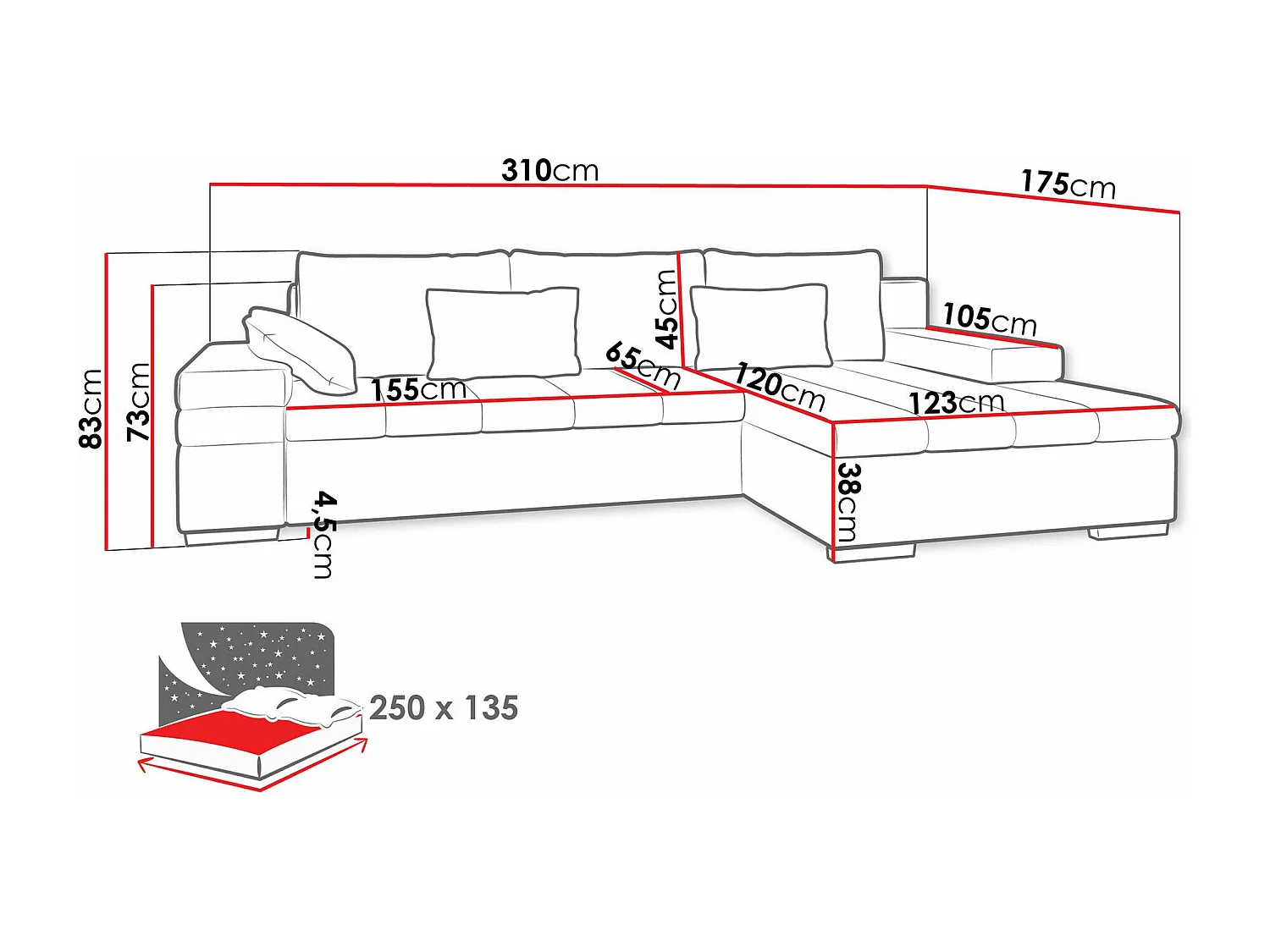 Sofá rinconero Comfivo 113, Turquesa, Función de descanso, Almacenaje, 310x175x83cm