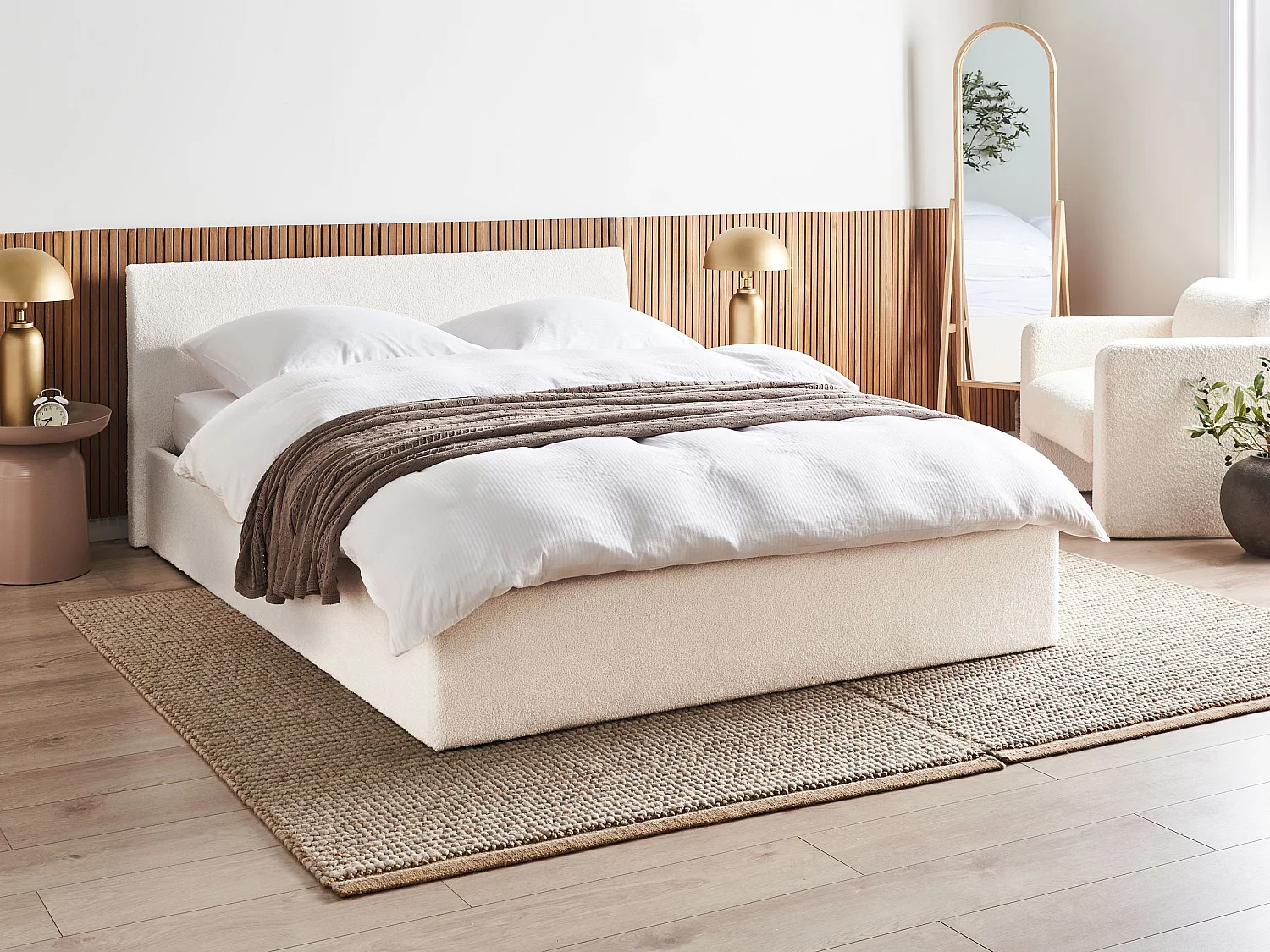 Bett mit Stauraum Bouclé ORBEY 160 x 200 cm Cremeweiss