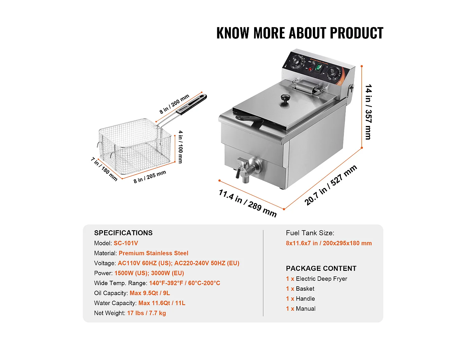 Commerciële Elektrische Friteuse SucceBuy 3000 W 9 L van Roestvrij Staal Verbeterd tot 200°C