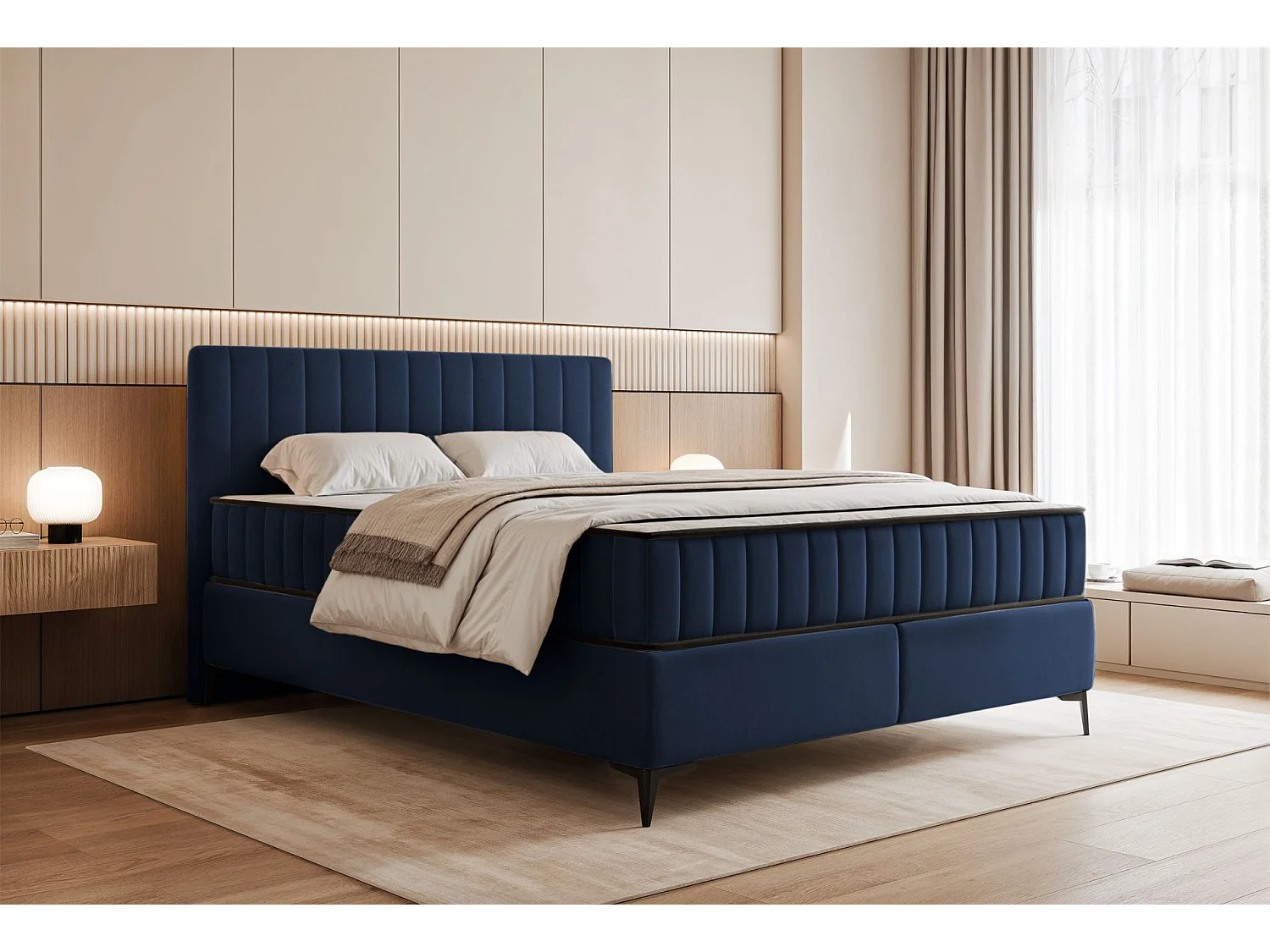 Boxbett 160x200 mit Bettkasten – wasserabweisender Velours - dunkelblau - MUFASSO