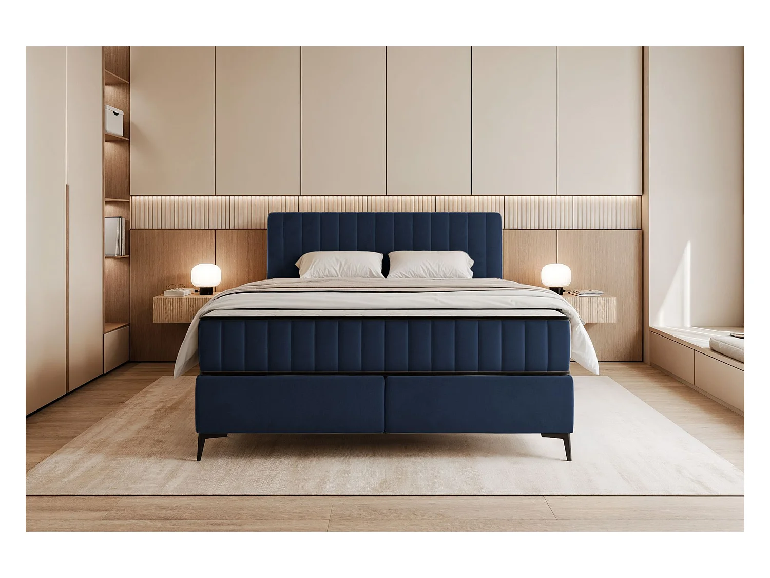 Lit boxspring 180x200 cm avec coffre – velours déperlant – bleu foncé - MUFASSO