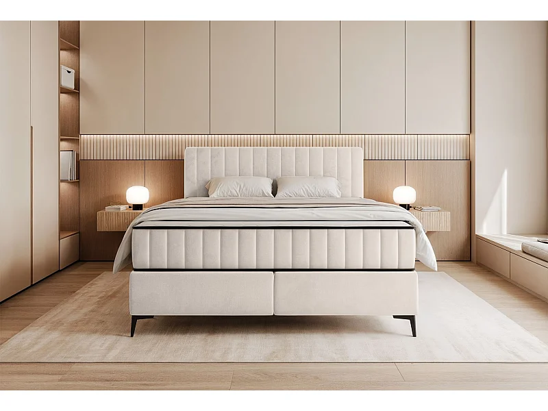 Boxspringbed 160x200 cm met opbergruimte – waterafstotend fluweel – crème - MUFASSO