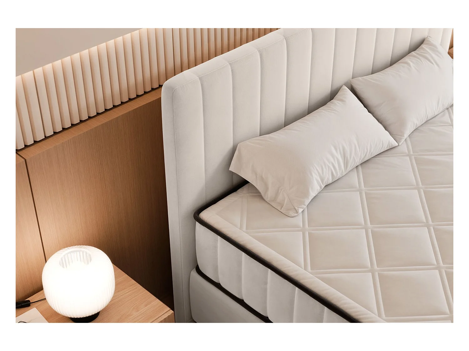 Boxspringbed 160x200 cm met opbergruimte – waterafstotend fluweel – crème - MUFASSO