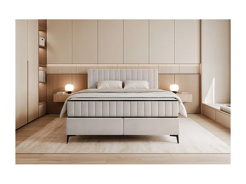 Lit boxspring 160x200 cm avec coffre – velours déperlant – beige clair - MUFASSO