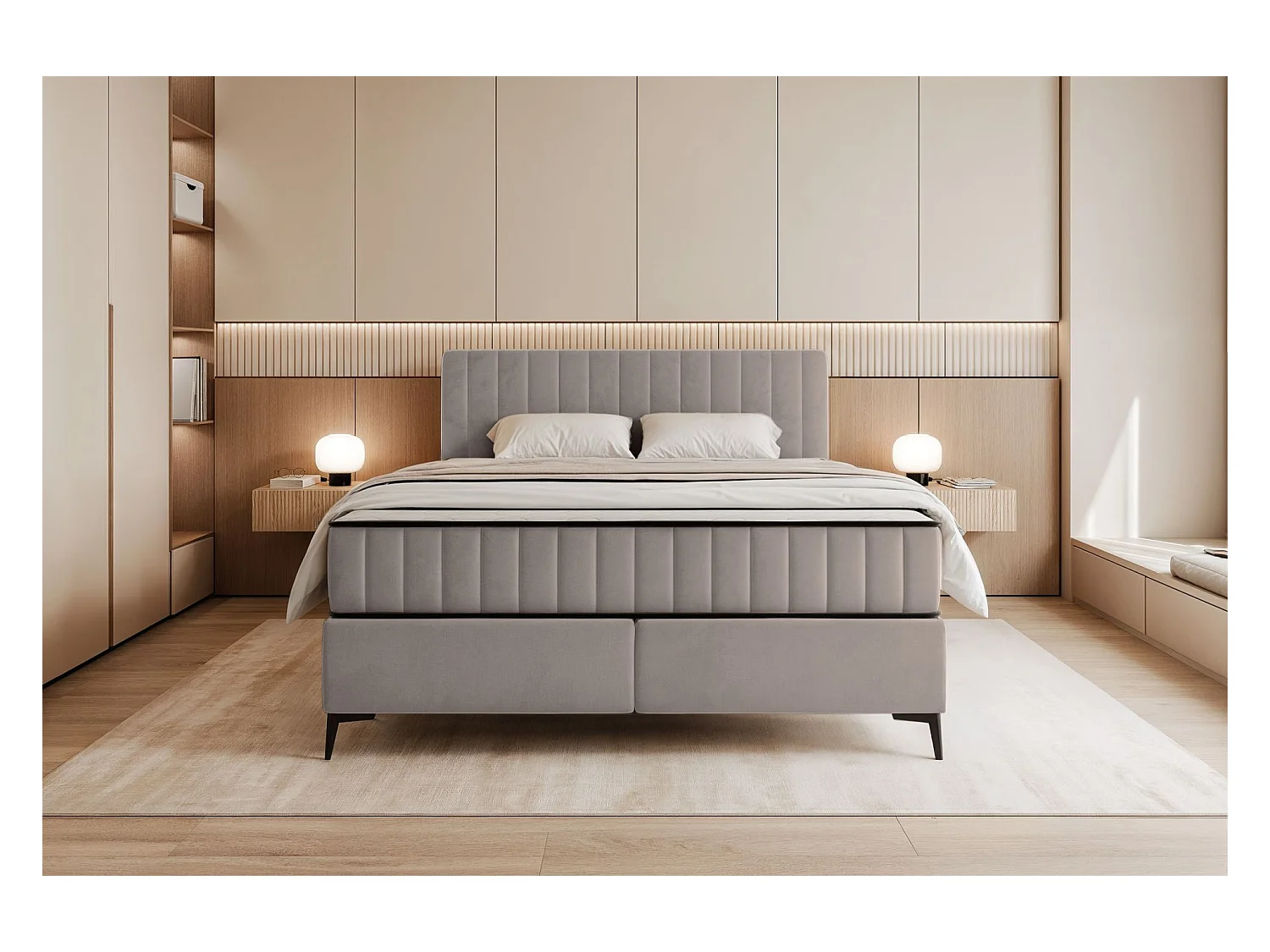 Lit boxspring 180x200 cm avec coffre – velours déperlant – grège - MUFASSO