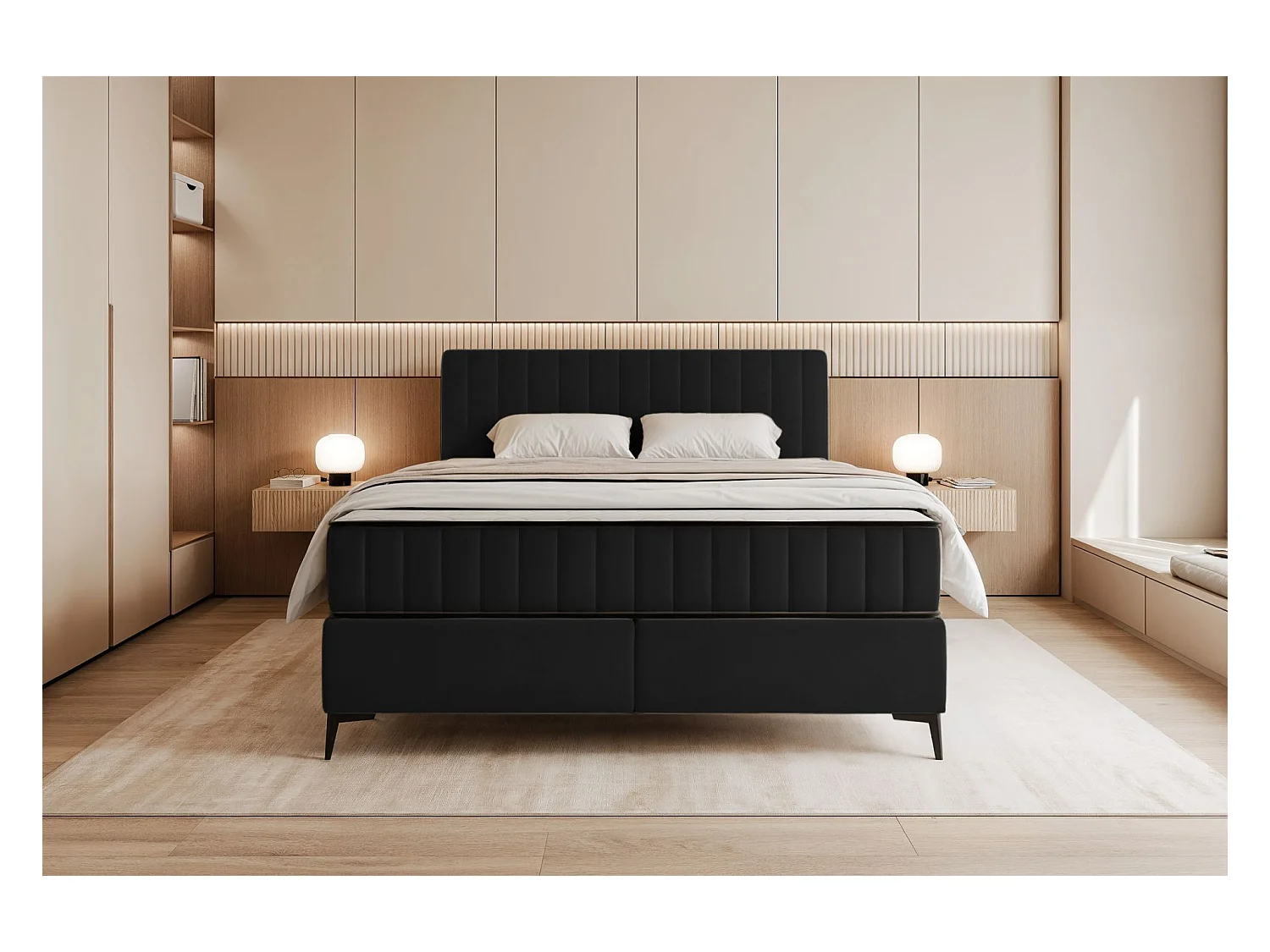 Boxspringbed 140x200 cm met opbergruimte – waterafstotend fluweel – zwart - MUFASSO