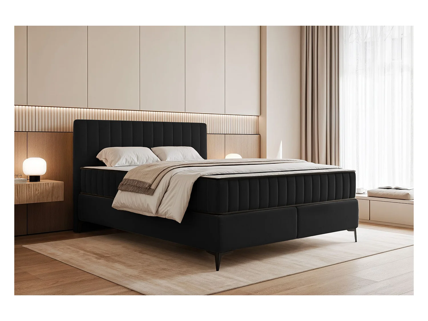 Boxspringbed 140x200 cm met opbergruimte – waterafstotend fluweel – zwart - MUFASSO