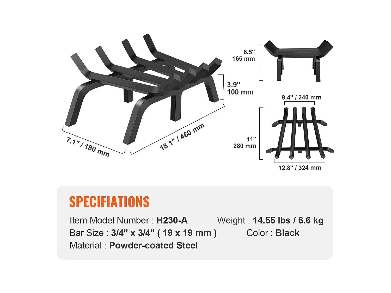 Griglia per Legna per Camino SucceBuy, 46 cm, Acciaio con Rivestimento a Polvere, Supporto Legno