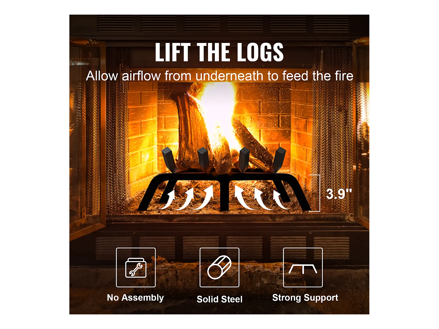 Griglia per Legna per Camino SucceBuy, 46 cm, Acciaio con Rivestimento a Polvere, Supporto Legno