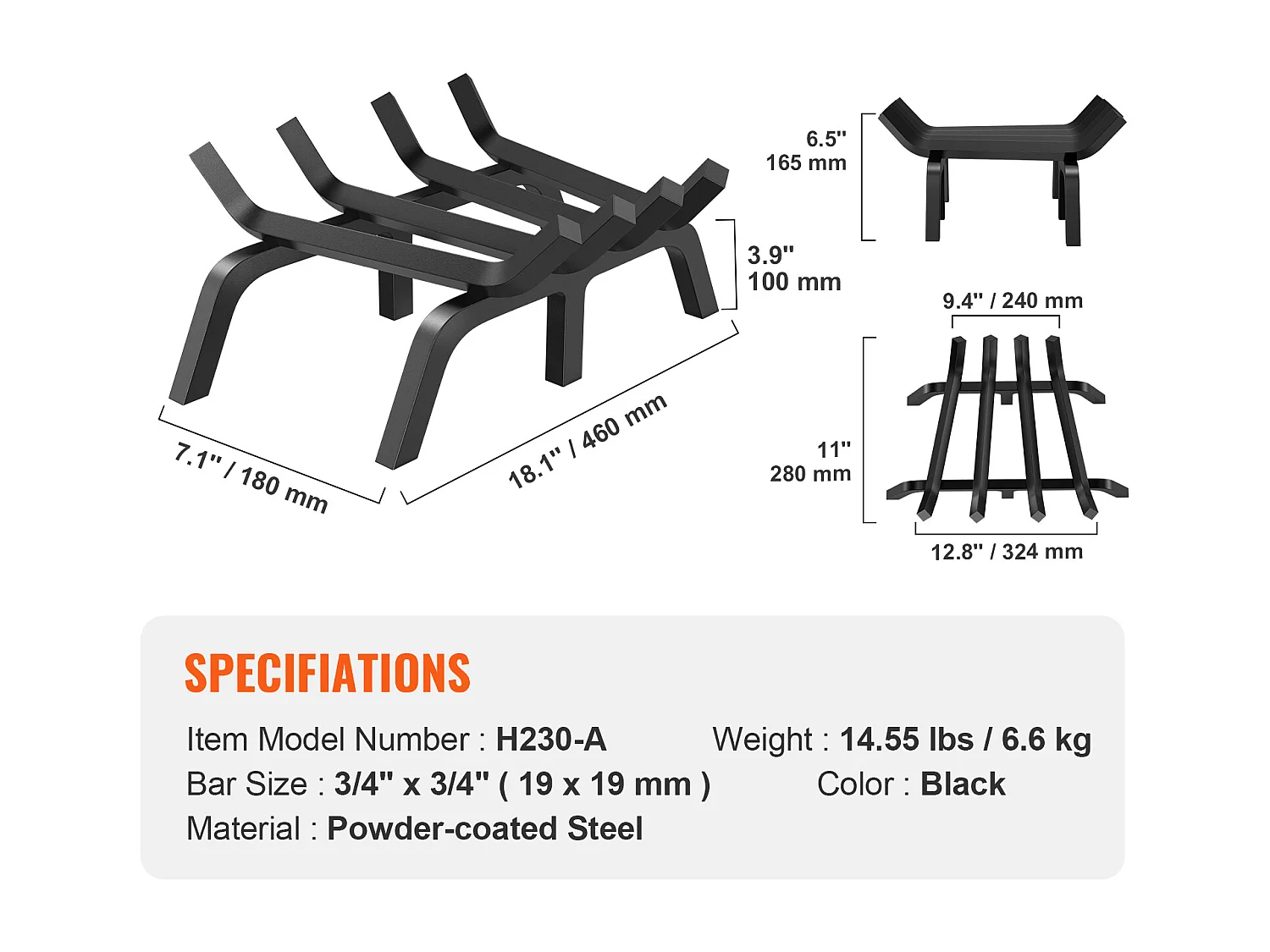 Grille à Bûches pour Foyer SucceBuy, 46 cm, Acier avec Revêtement en Poudre, Support à Bois