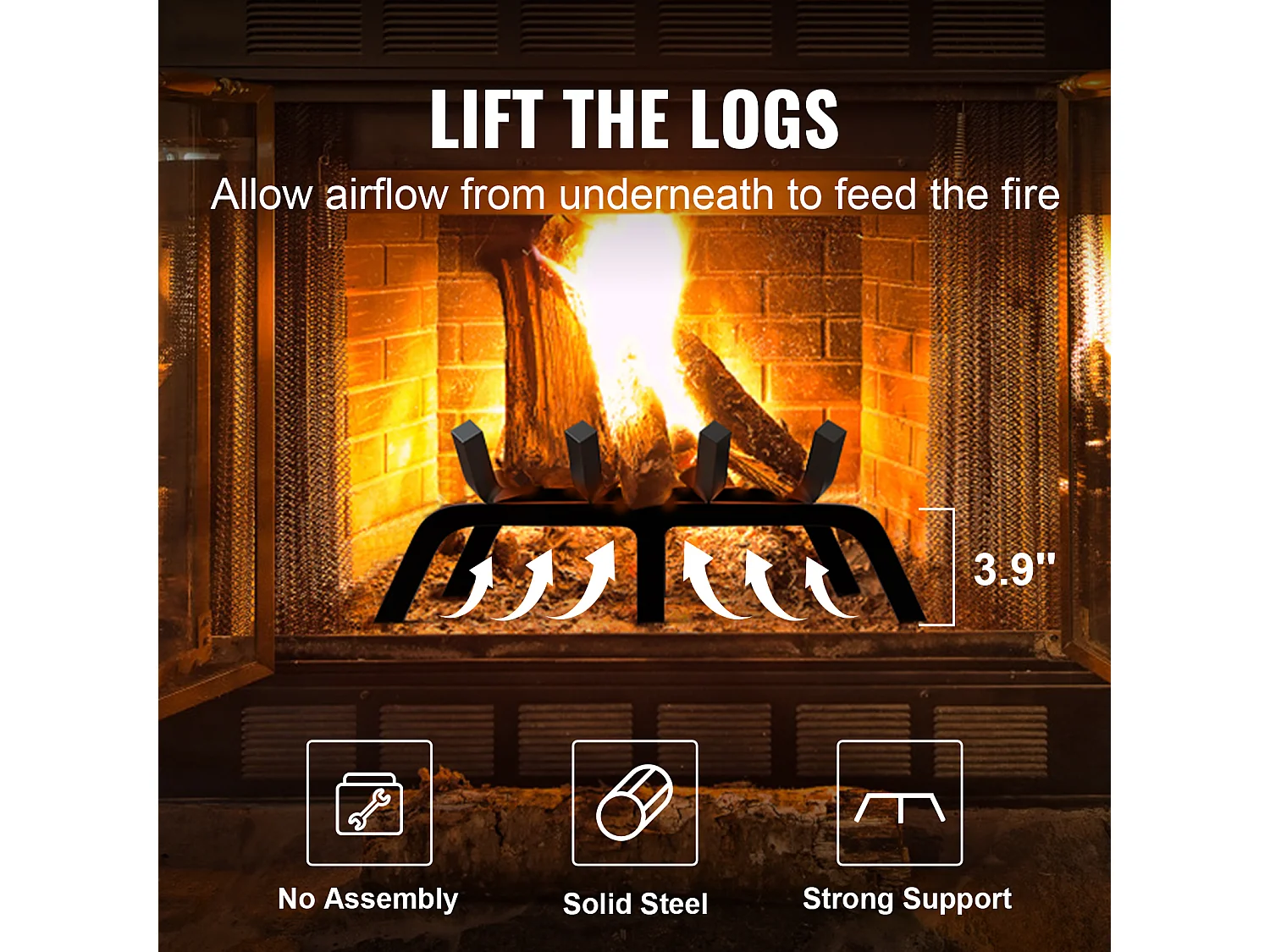 Grille à Bûches pour Foyer SucceBuy, 46 cm, Acier avec Revêtement en Poudre, Support à Bois