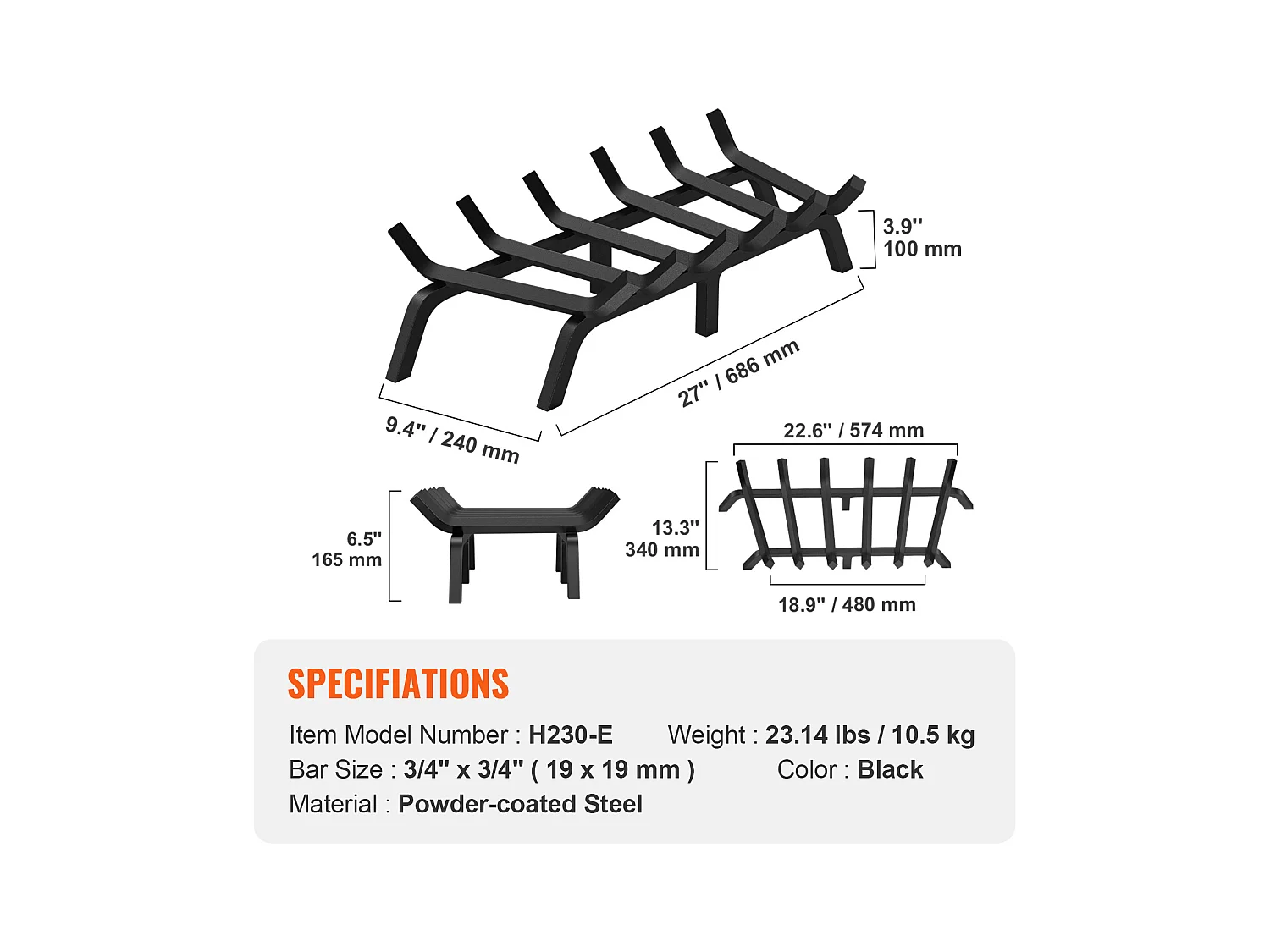 Grille à Bûches pour Foyer SucceBuy, 69 cm, Acier avec Revêtement en Poudre, Support à Bois