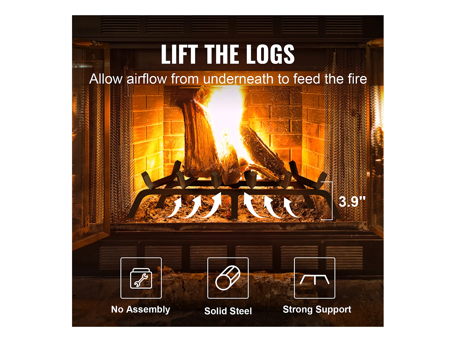 Grille à Bûches pour Foyer SucceBuy, 69 cm, Acier avec Revêtement en Poudre, Support à Bois