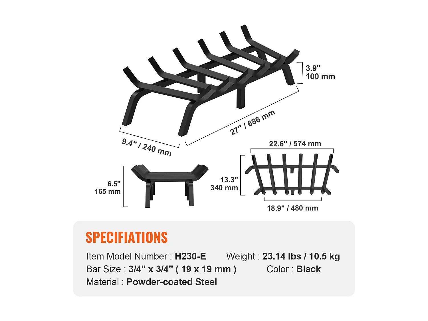 Grille à Bûches pour Foyer SucceBuy, 69 cm, Acier avec Revêtement en Poudre, Support à Bois